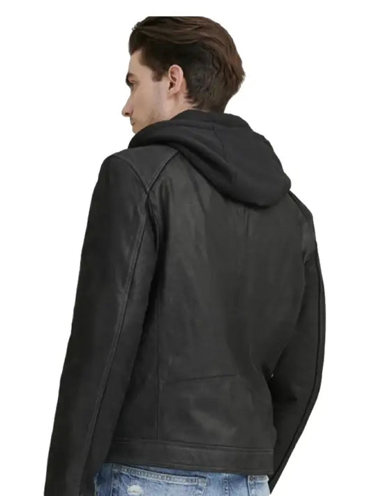 Men’s Black Hooded Leather Jacket | Modern Zip-Up Biker Style