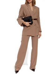 Women’s Brown Tailored Blazer Suit | Modern Belted Two-Piece Power Set