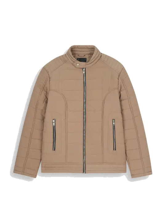 Beige Quilted Puffer Jacket with Stand Collar and Zip Closure
