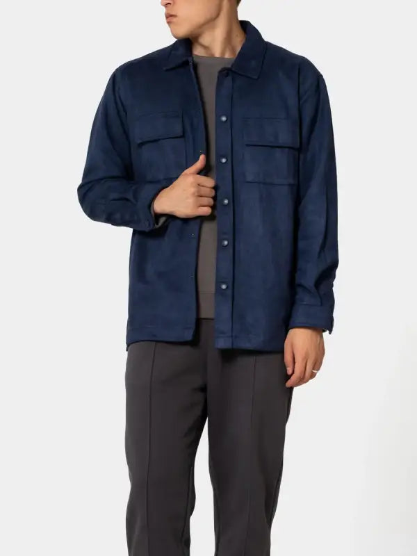 Men’s Navy Blue Suede Shirt Jacket with Button Front