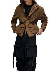 Men’s Brown Hooded Utility Jacket with Multi-Pocket Design