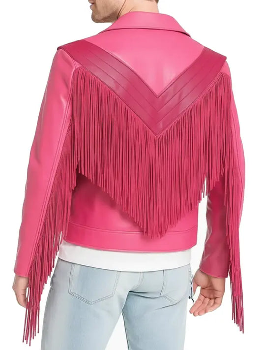 Men’s Pink Fringe Leather Jacket with Western Style Detailing