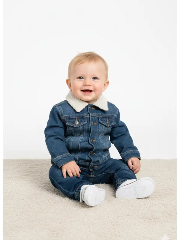 Baby Denim Jacket Set with Soft Sherpa Collar | Classic Blue Infant Outfit