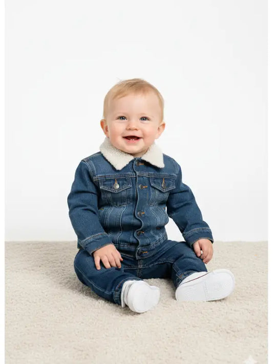 Baby Denim Jacket Set with Soft Sherpa Collar | Classic Blue Infant Outfit