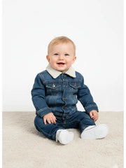 Baby Denim Jacket Set with Soft Sherpa Collar | Classic Blue Infant Outfit