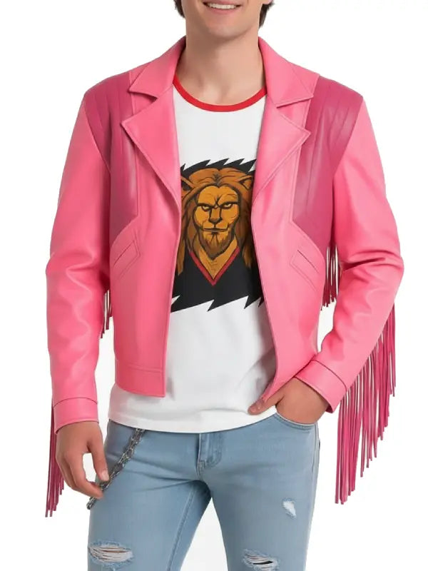 Men’s Pink Fringe Leather Jacket with Western Style Detailing