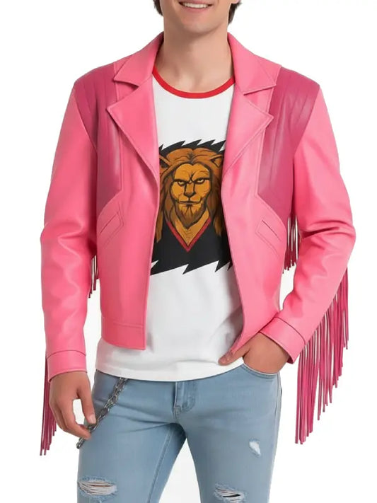 Men’s Pink Fringe Leather Jacket with Western Style Detailing