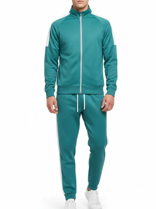 Teal and White Striped Full Zip Men’s Tracksuit Set