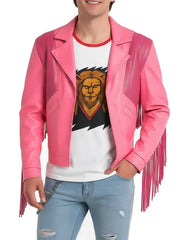 Men’s Pink Fringe Leather Jacket with Western Style Detailing