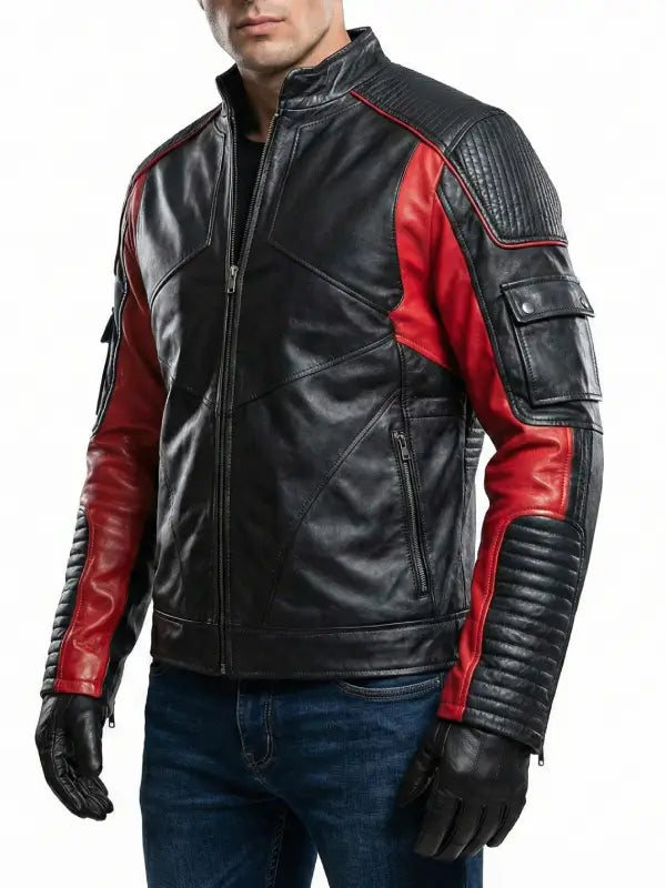 Men’s Black and Red Motorcycle Leather Jacket with Armor Style Detailing