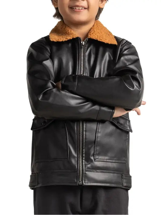 Kids Black Leather Jacket with Shearling Collar, Winter Zip-Up Jacket for Boys