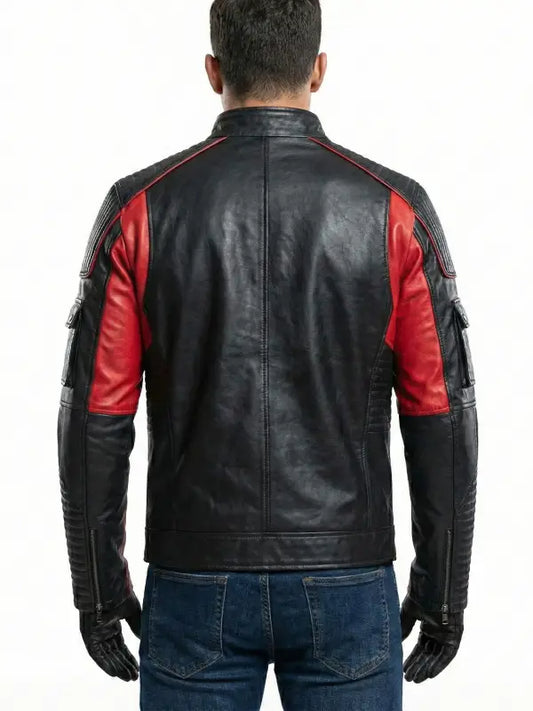 Men’s Black and Red Motorcycle Leather Jacket with Armor Style Detailing