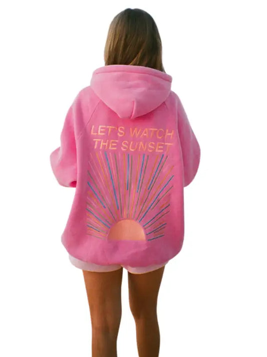 Pink Oversized Hoodie with “Let’s Watch the Sunset” Back Graphic