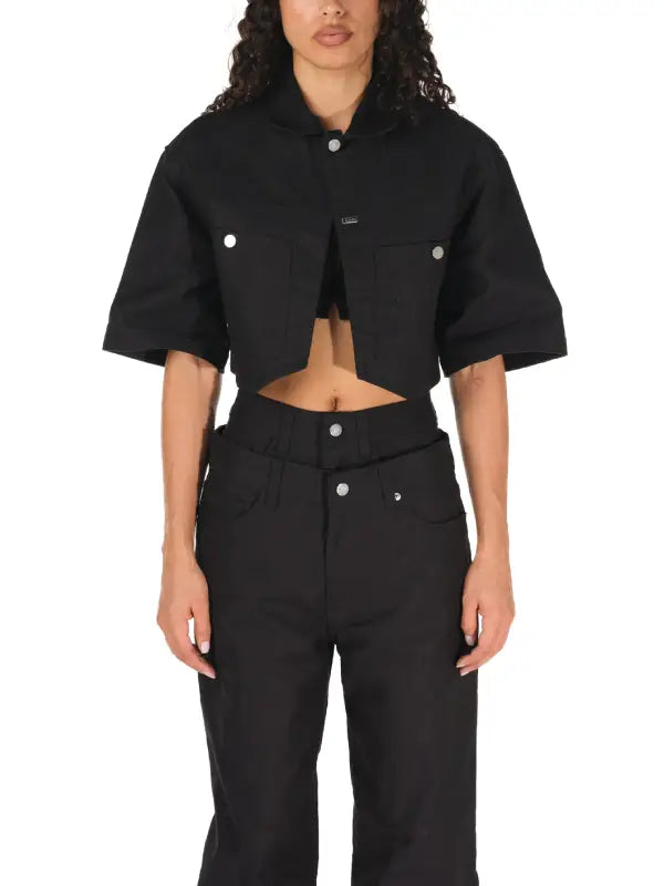 Women’s Cropped Black Short-Sleeve Jacket with Button Front