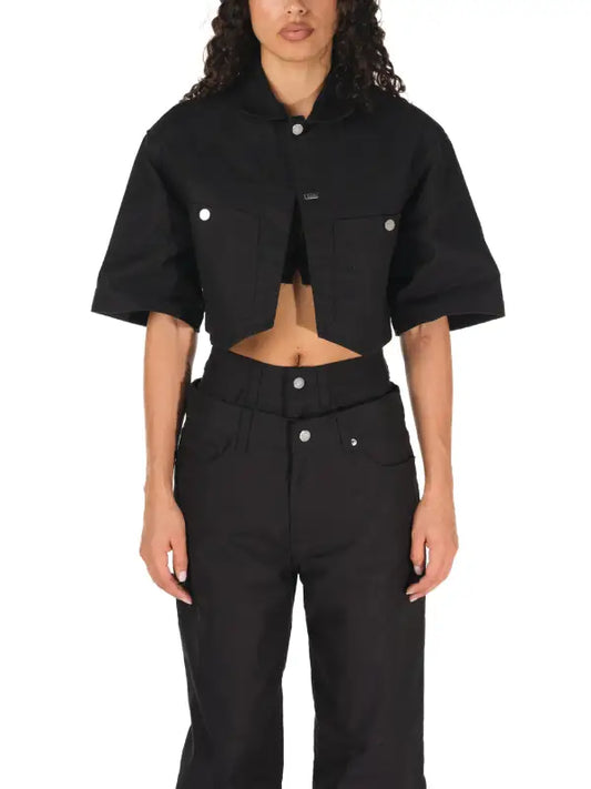 Women’s Cropped Black Short-Sleeve Jacket with Button Front