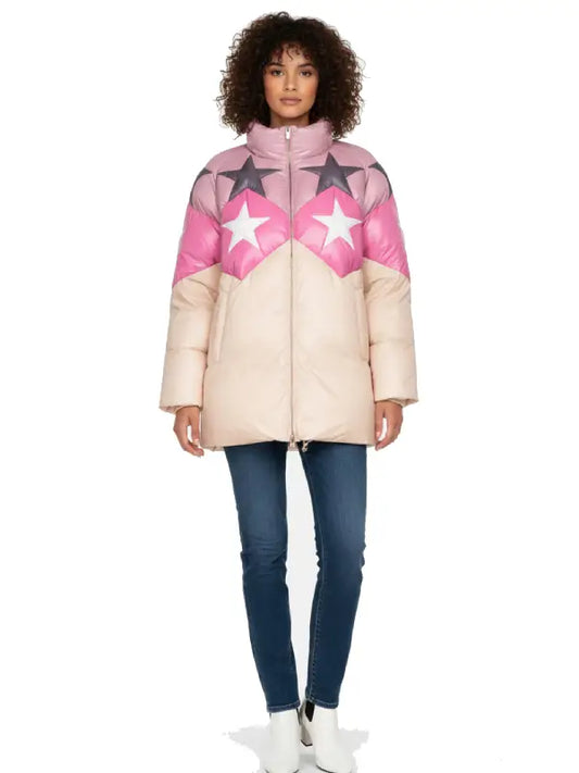 Women's Star Pattern Pink Beige Puffer Jacket Cozy Winter Style