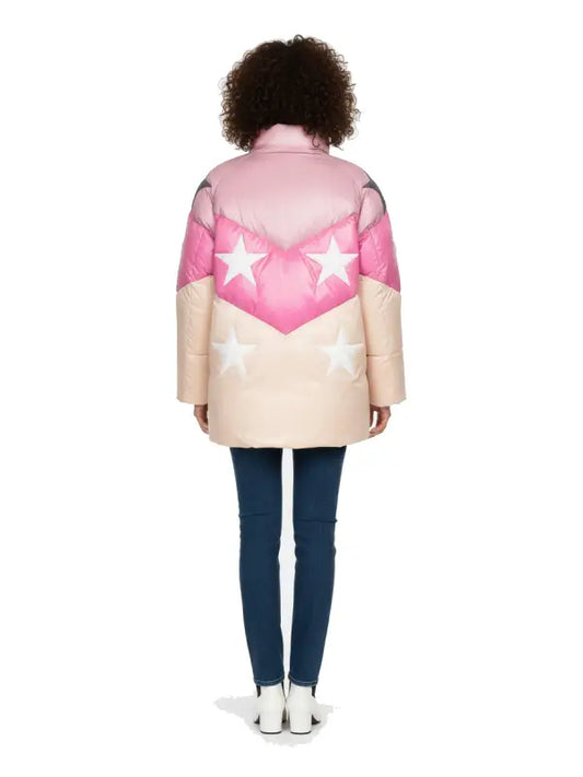 Women's Star Pattern Pink Beige Puffer Jacket Cozy Winter Style