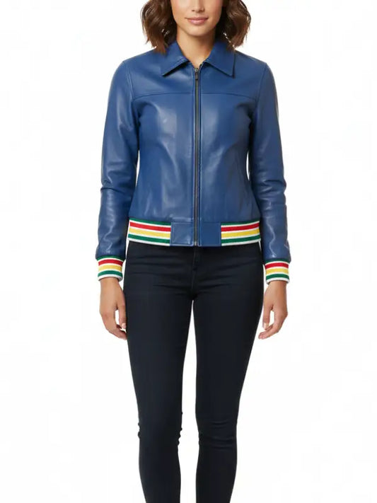 Women’s Blue Leather Jacket with Multicolor Striped Rib Trim