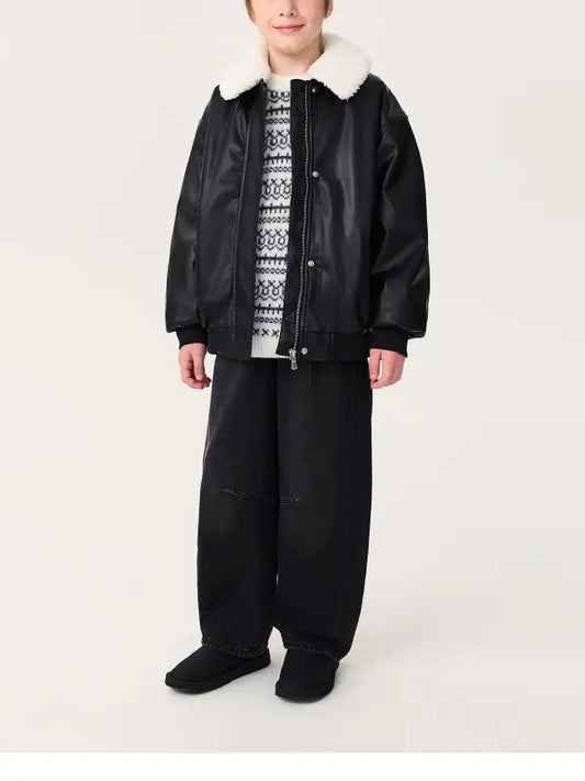 Kids Black Genuine Leather Jacket with Sherpa Collar | Warm Winter Aviator Jacket