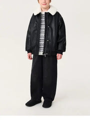 Kids Black Genuine Leather Jacket with Sherpa Collar | Warm Winter Aviator Jacket