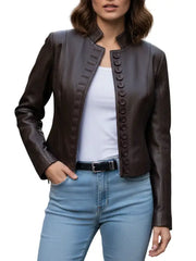 Women’s Brown Genuine Leather Button Front Jacket, Slim Fit Casual Outerwear