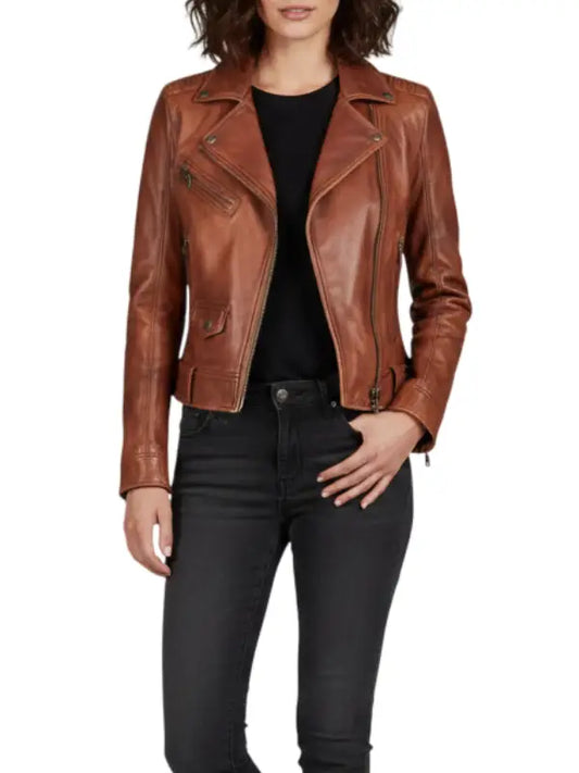 Women’s Brown Leather Biker Jacket – Classic Slim Fit Motorcycle Style