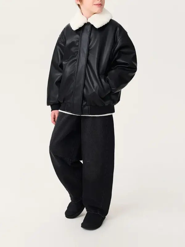 Kids Black Genuine Leather Jacket with Sherpa Collar | Warm Winter Aviator Jacket