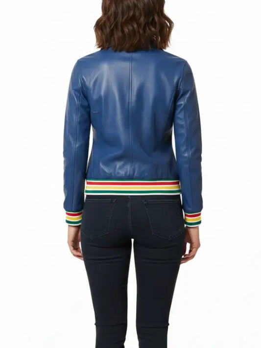 Women’s Blue Leather Jacket with Multicolor Striped Rib Trim