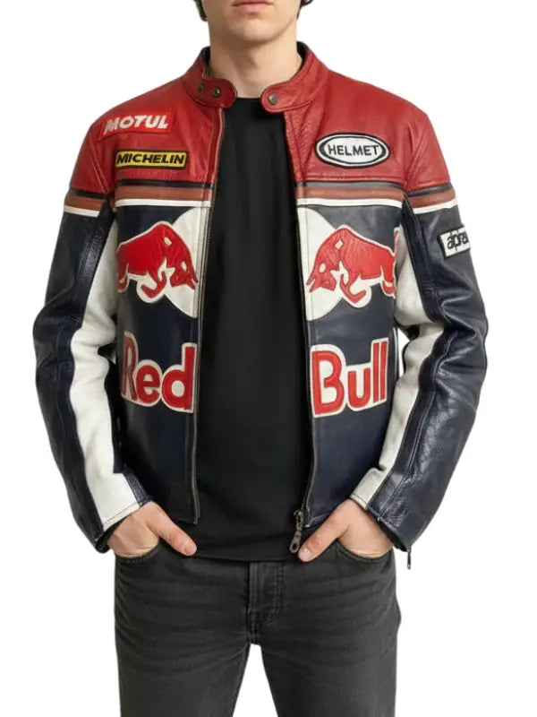 Red Bull Racing Leather Jacket for Men, Moto Style Biker Jacket