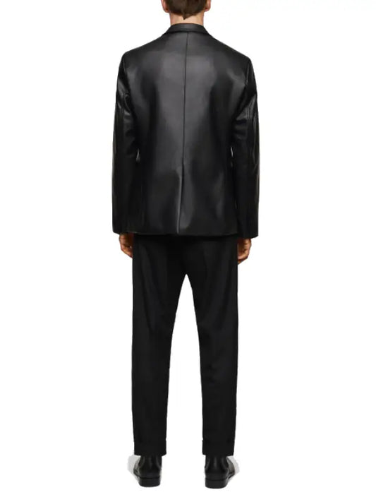 Men’s Black Leather Two Piece Outfit Set, Jacket and Trousers