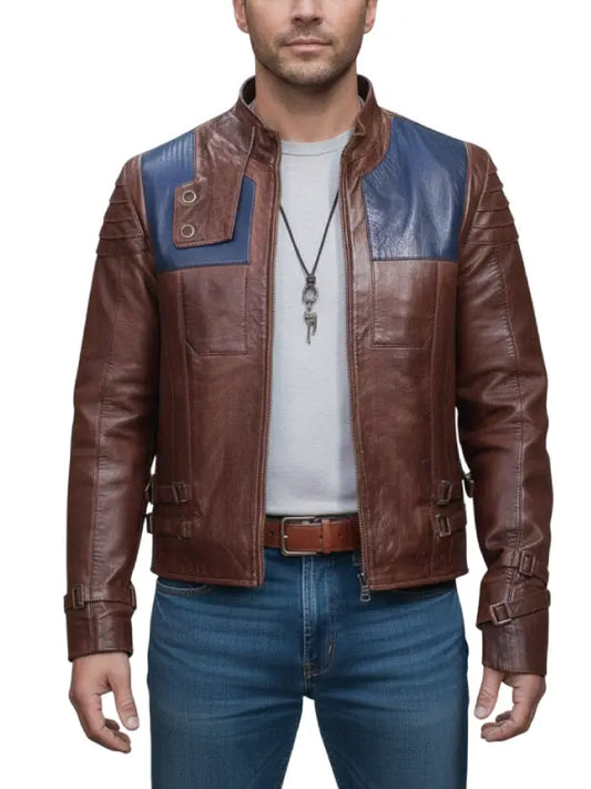 Men’s Brown and Blue Genuine Leather Jacket with Laced Back