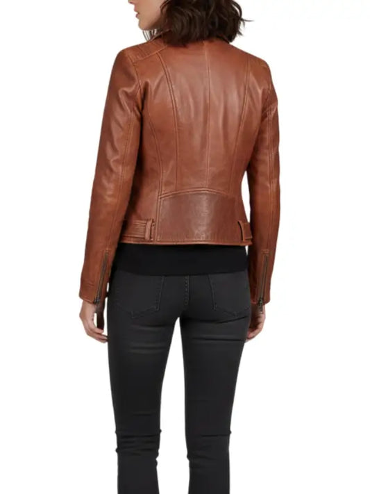 Women’s Brown Leather Biker Jacket – Classic Slim Fit Motorcycle Style