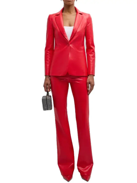 Women’s Red Leather Two Piece Suit Set, Blazer and Flared Trousers