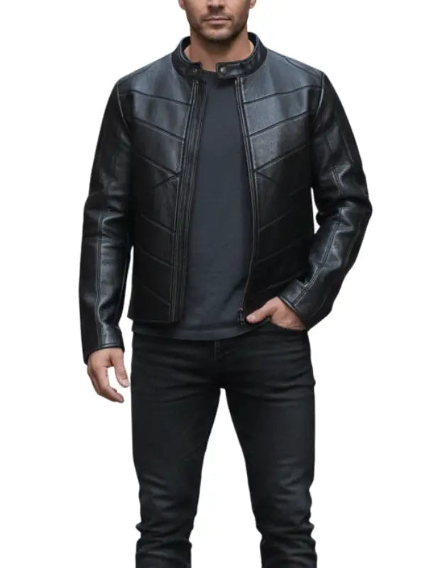 Men’s Black Genuine Leather Jacket with Chevron Panel Design by The Leather Jackets
