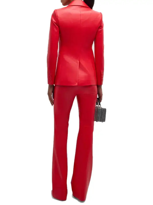 Women’s Red Leather Two Piece Suit Set, Blazer and Flared Trousers