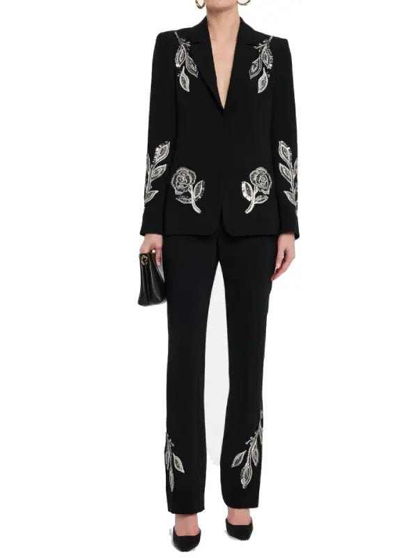 Women’s Black Embroidered Two Piece Suit Set, Blazer and Trousers
