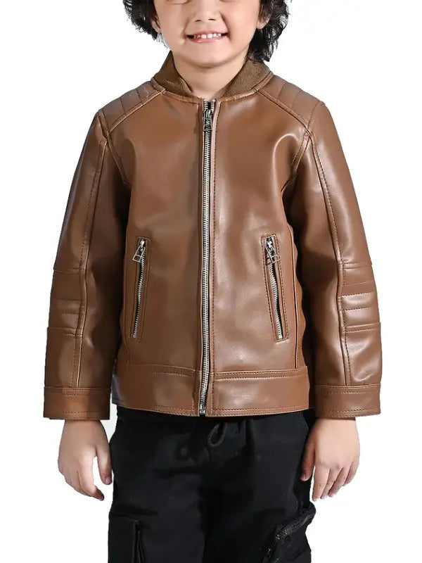 Kids Brown Leather Jacket | Stylish Zip-Up Jacket for Boys