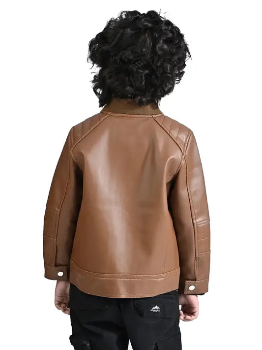Kids Brown Leather Jacket | Stylish Zip-Up Jacket for Boys