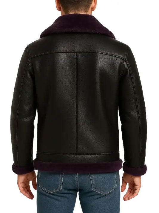 Men’s Black Leather Shearling Jacket with Fur Collar