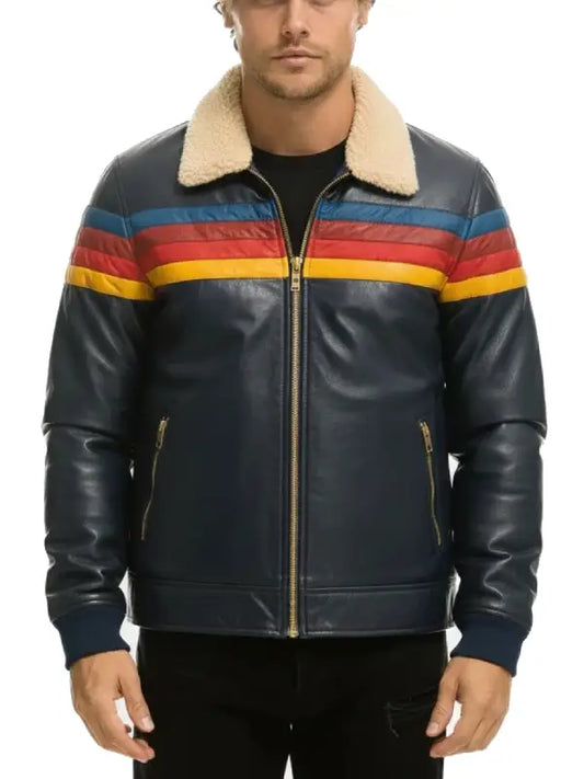 Men's Navy Leather Jacket with Multicolor Stripes and Shearling Collar