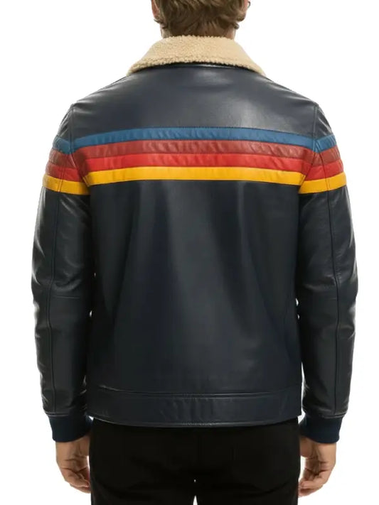 Men's Navy Leather Jacket with Multicolor Stripes and Shearling Collar