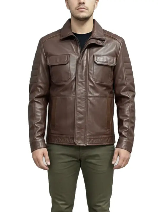 Men's Classic Brown Real Leather Utility Jacket with Front Flap Pockets