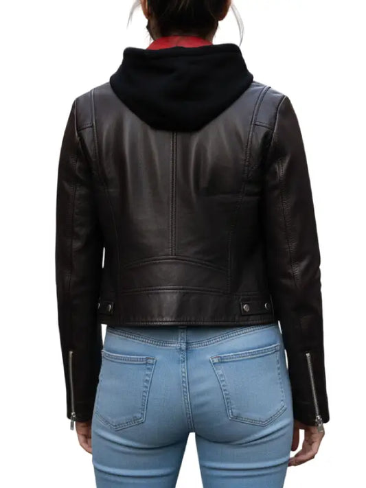 Women’s Brown and Red Genuine Leather Biker Jacket with Hoodie by The Leather Jackets