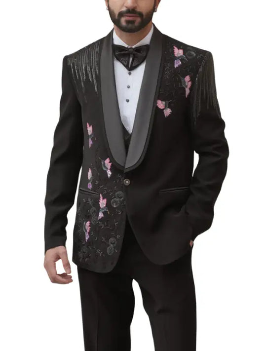 Men's Black Embroidered Tuxedo Coat with Satin Lapel and Butterfly Detailing