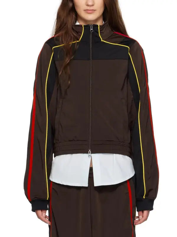 Brown Track Jacket and Trouser Set with Contrast Red and Yellow Stripes