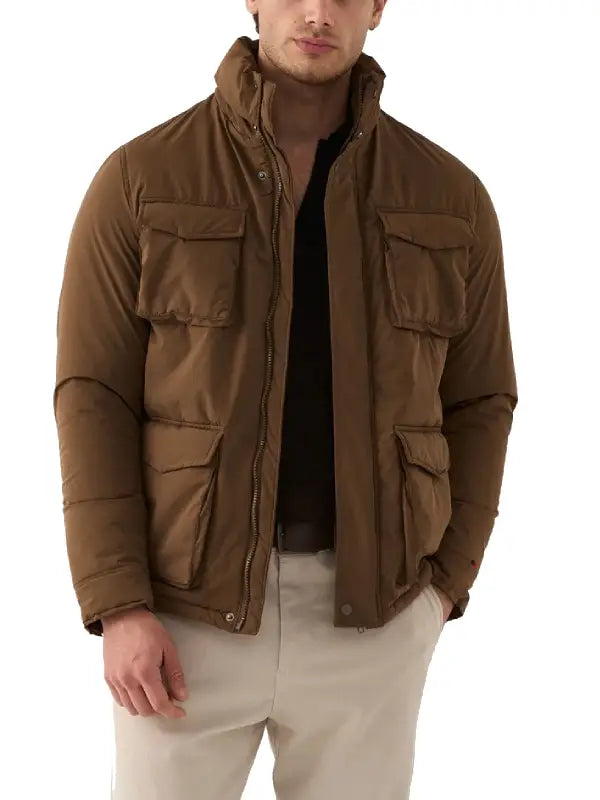 Men’s Brown Puffer Jacket with Stand Collar and Utility Pockets