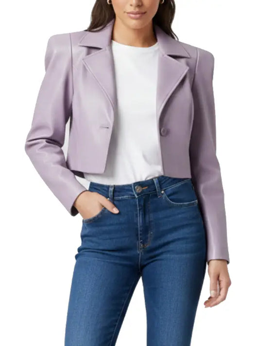 Lavender Cropped Leather Jacket for Women, Sharp Collar and Long Sleeves
