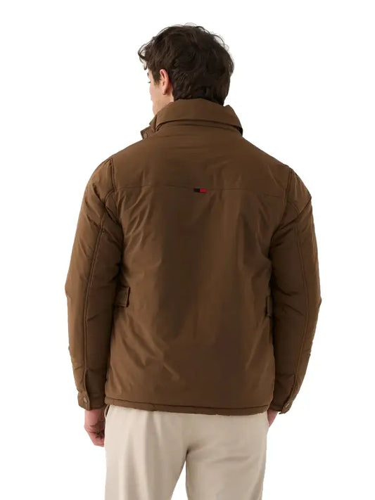 Men’s Brown Puffer Jacket with Stand Collar and Utility Pockets