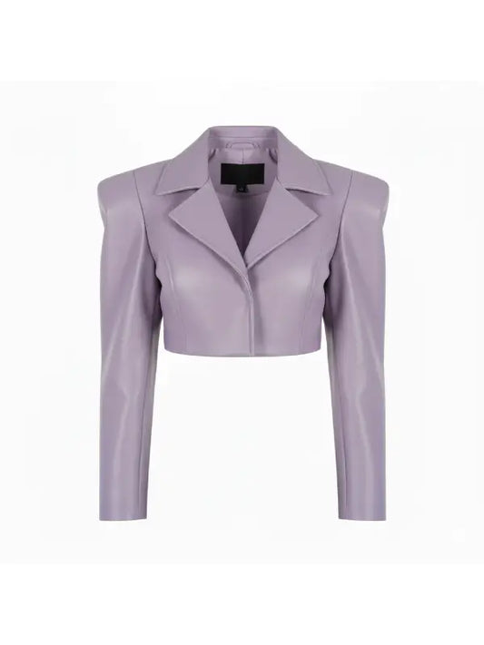 Lavender Cropped Leather Jacket for Women, Sharp Collar and Long Sleeves