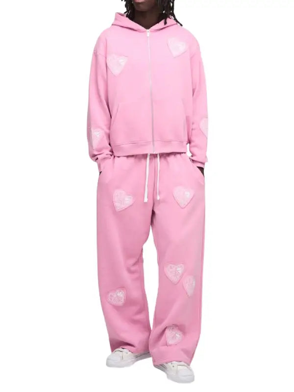 Pink Heart Patch Oversized Hoodie and Sweatpants Set